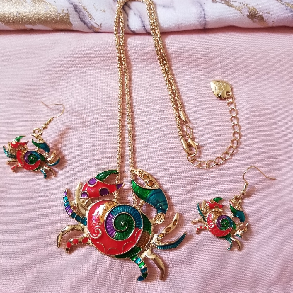 Multicolored Crab Necklace and Earrings